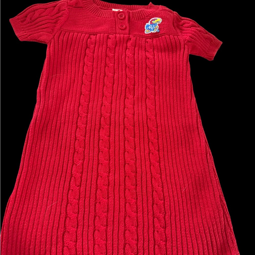 Red KU Jayhawks Cable Knit Short Sleeve Dress with Embroidered Patch